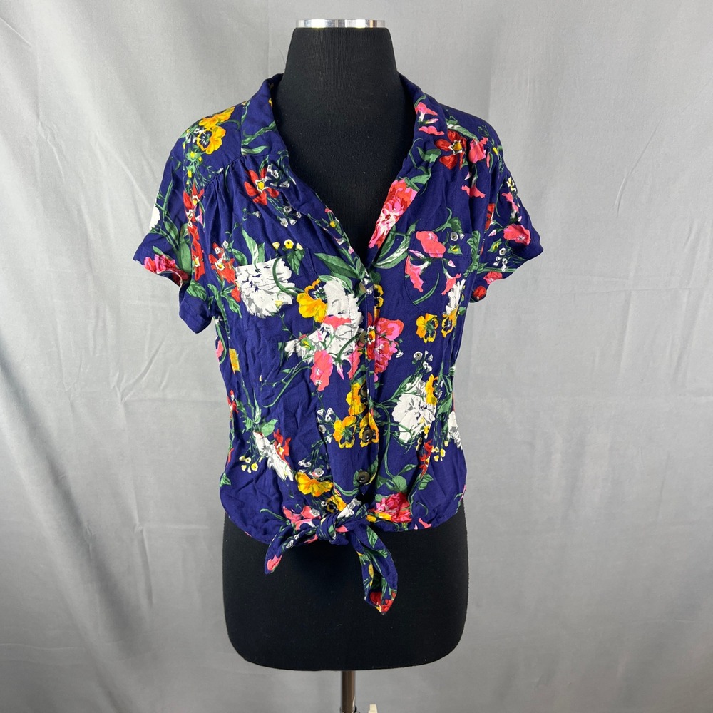 Maeve By Anthropologie Bateau Shirt Womens 8 Blue Floral Tie Front Button Up